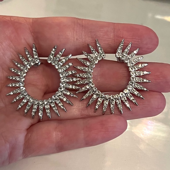 Silver Diamond Spike Hoop Earrings - Picture 3 of 7